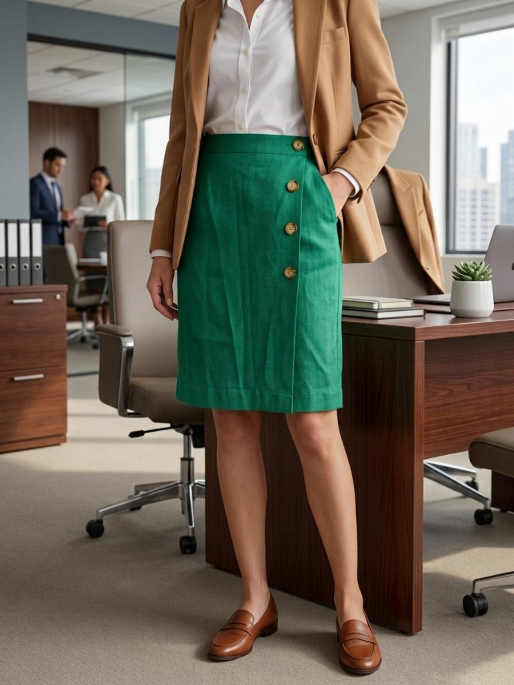 Talbots Emerald Green Linen Pencil Skirt Asymmetric Button Accent